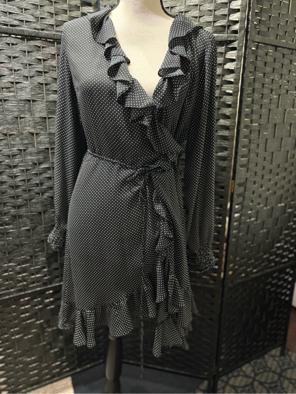 Just Female Hiro Black Polka Dot Ruffle Wrap Dress NWOT SIZE MEDIUM - Picture 7 of 11